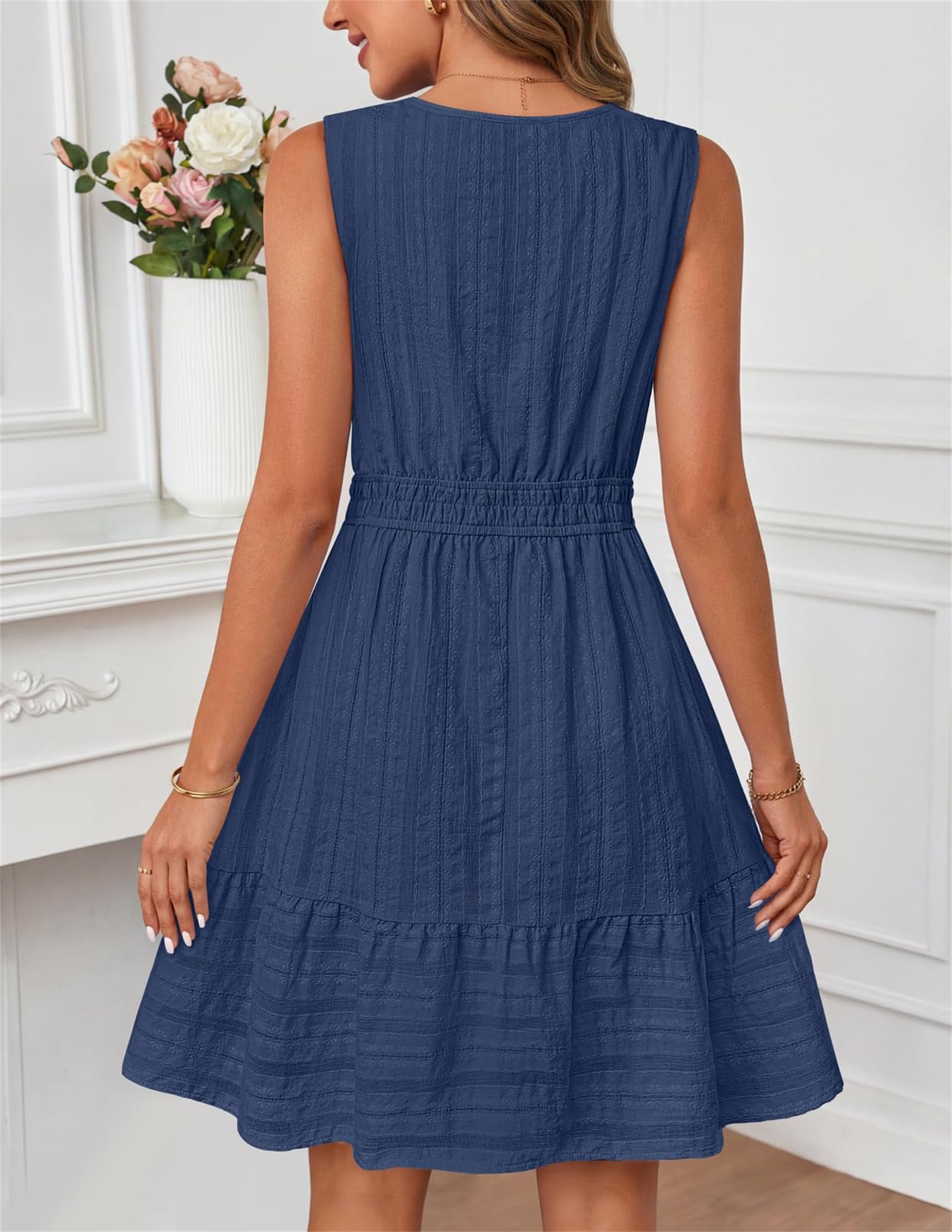 Abito estivo casual da donna, a vita alta, in spiaggia, per vacanze, senza maniche, scollo a V, abito svasato, stile boho, midi