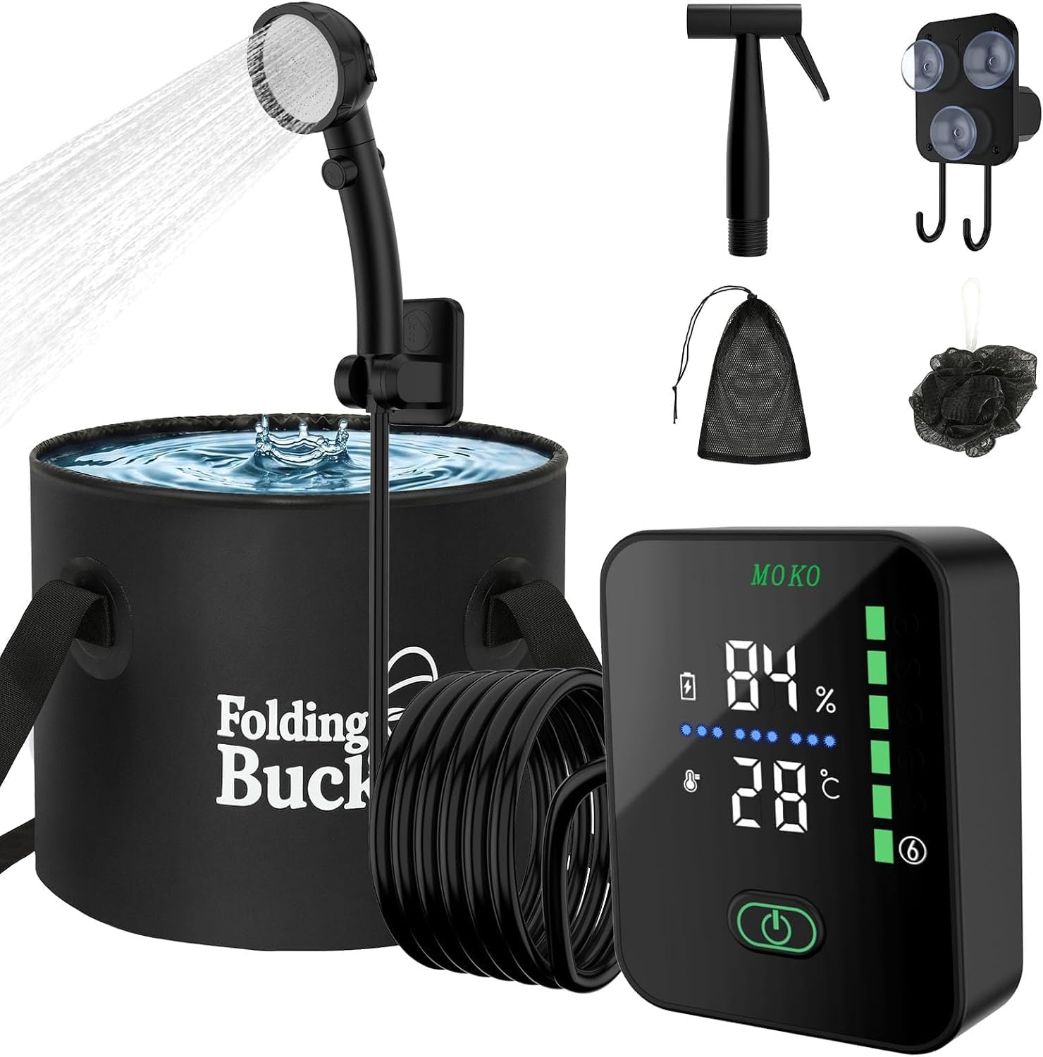 Ducha portátil MoKo para camping, bomba de ducha recargable de 8000mAh con balde de 25L, pantalla LED inteligente y monitor de temperatura, 6 velocidades y 4 modos, ducha eléctrica para campamento, mascotas y lavado de autos miniatura 8
