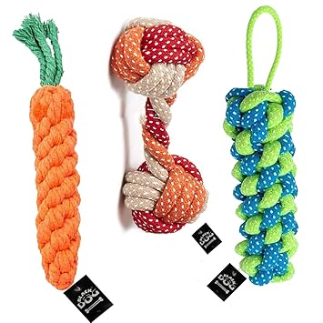 BLACKDOG Rope Toys for Dogs, Puppy Chew Teething Rope Toys Set of 3 Durable Cotton Dog Toys for Playing and Teeth Cleaning Training Toy 3 in1 Pack of 3 Toys (Color May Vary)