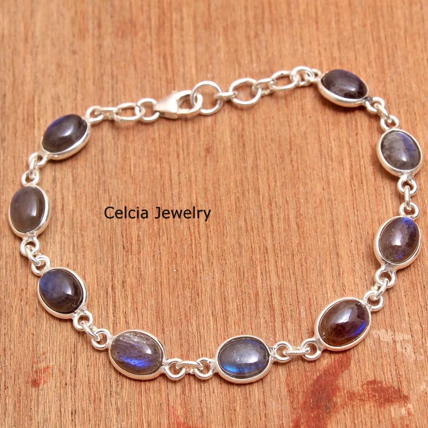 Pulsera de plata de ley 925 maciza para mujeres y niñas, pulsera de labradorita genuina, pulsera artesanal única de piedras preciosas para ella o para él