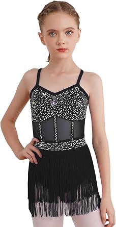 Kids Girls Sparkly Rhinestone Tassel Dress Latin Jazz Ballroom Salsa Dance Fringe Skirted Leotard Dress