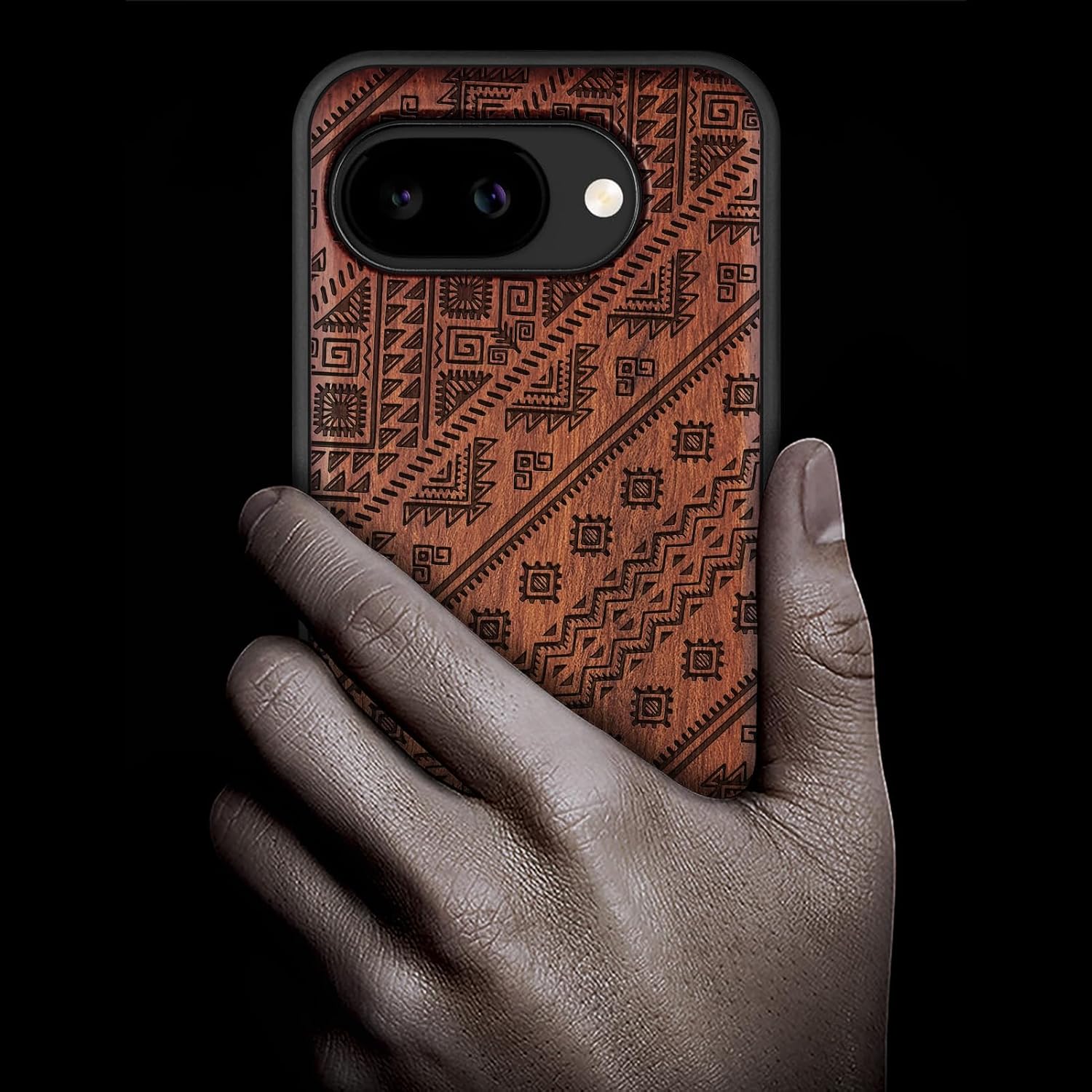 Carveit Magnetic Wooden Case for Google Pixel 10a Case, Wood Artisan Engraved & Soft TPU Shockproof Cover, Compatible with MagSafe Wireless Chargers (Aztec Geometric Harmony) Rosy