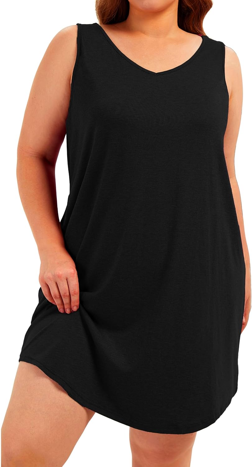Plus Size V Neck Tank Nightgowns Women Sleepwear Sleeveless Night Gown Dresses Sleep Shirts with Pockets - Image 4