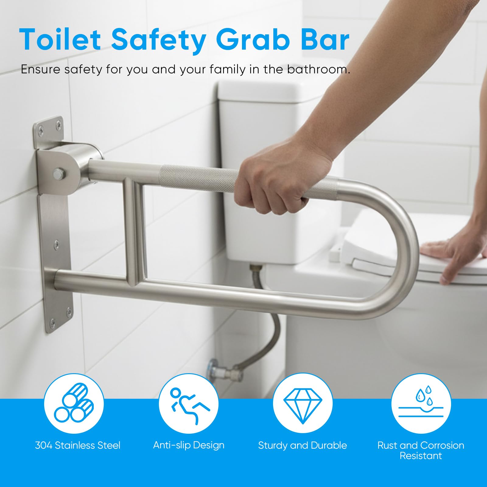 Maniglione Ribaltabile Bagno Wc, Acciaio Inossidabile Opaco Antiscivolo con Corrimano di Supporto Parete 90 Pieghevole Sicurezza Doccia Toilette - Argento - 60cm