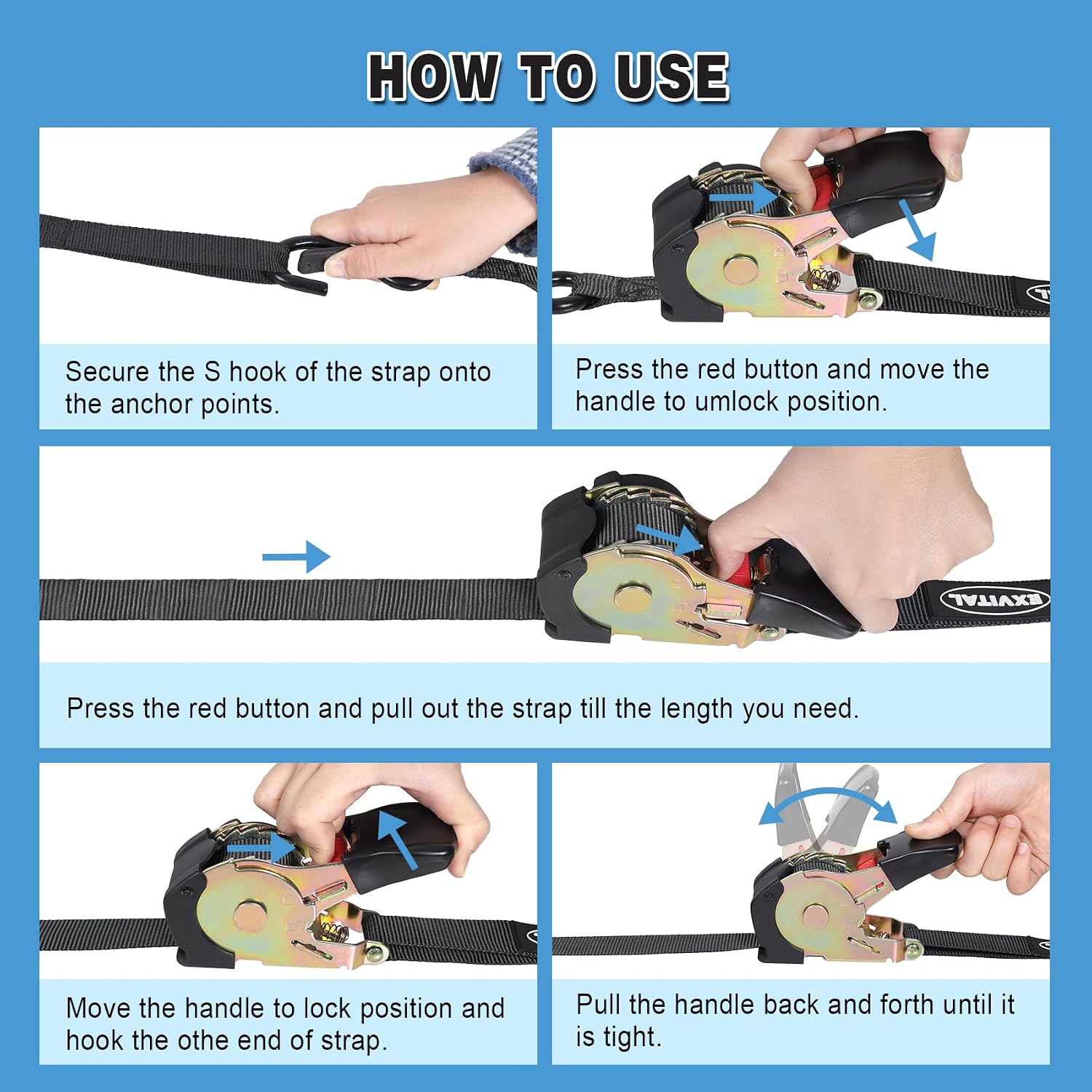 EXVITAL Retractable Ratchet Straps Havy Duty 1200lbs Break Strength Retractable tie Down Straps Auto self retracting Ratchet Straps for Truck, Cargo Trailer, Motorcycle,1“×12ft Black