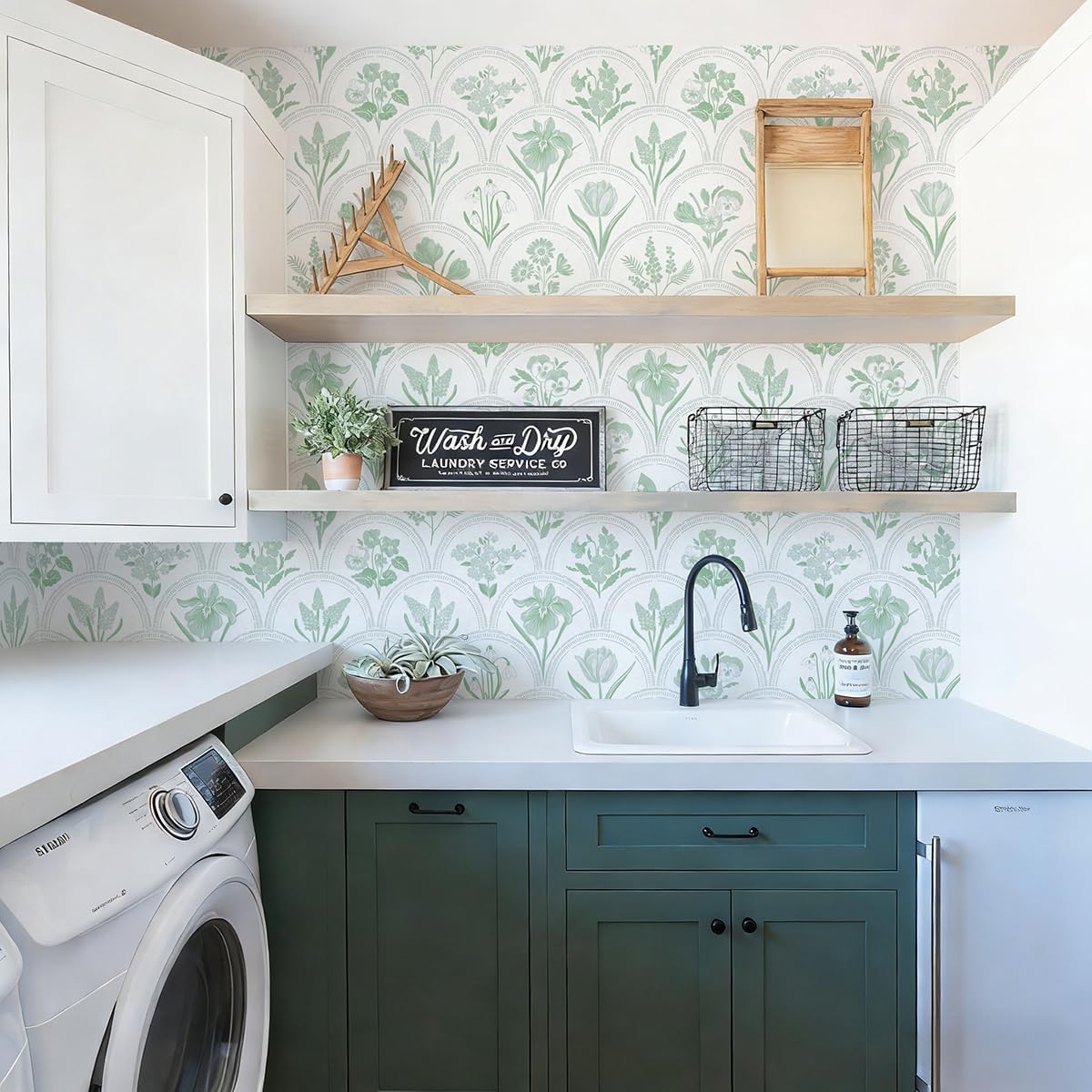 Froluya Peel and Stick Wallpaper White and Green Floral Contact Paper 16.9" x 196.8" Modern Boho Flowers Self Adhesive Wallpaper for Bathroom Waterproof Removable Decorative Wall Paper for Kitchen