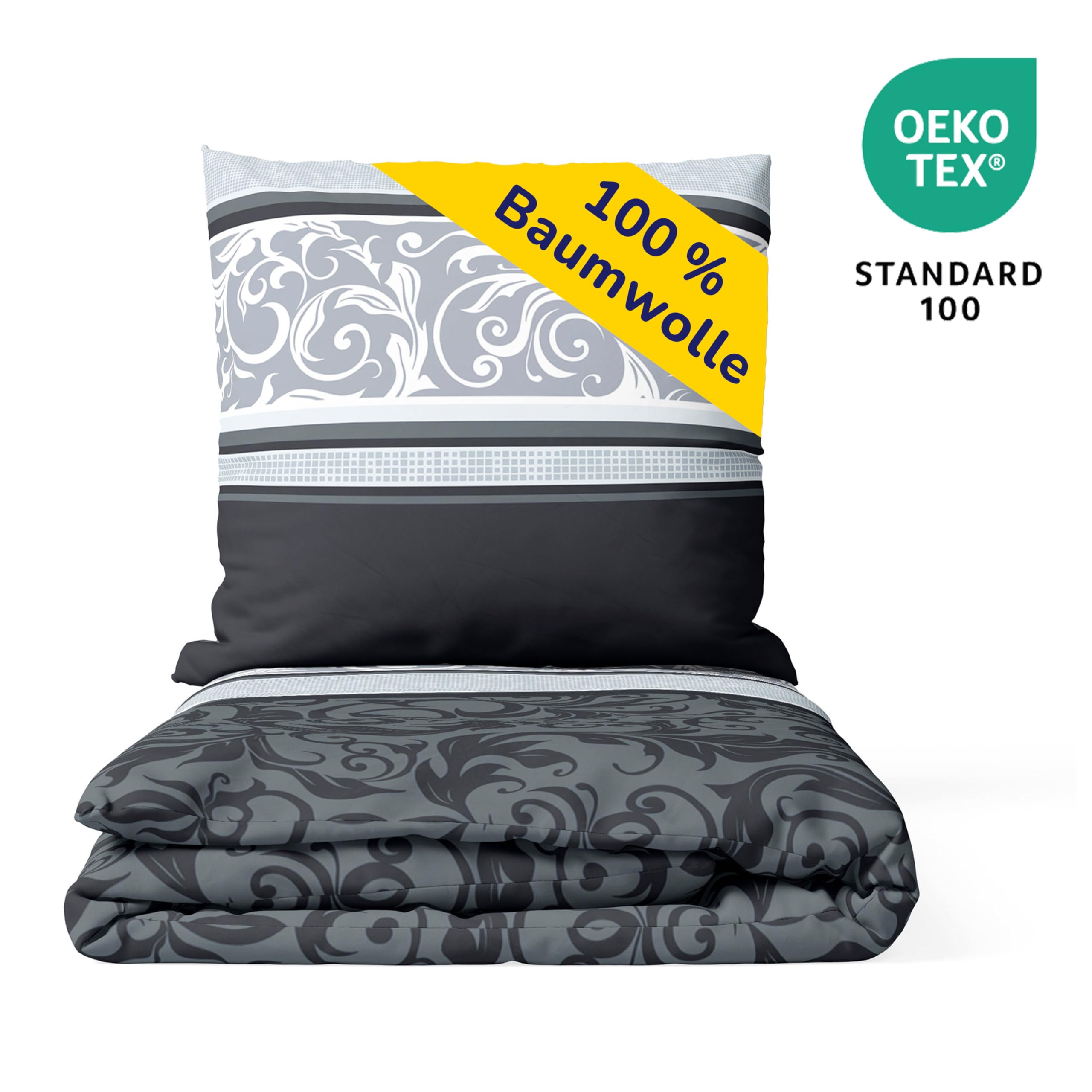 Träumschön Biber Bettwäsche Set 2tlg 155x220 cm + 80x80 cm – Flauschige Paisley Bettwäsche Silber – Weiche Winterbettwäsche - Atmungsaktiv, Warm & Hautfreundlich - 100% Baumwolle