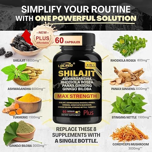 Miniatura 5 de Shilajit Cápsulas para hombres, 8 en 1, con Shilajit 18000 mg, Ashwagandha, Ginseng, Ginkgo, Rhodiola, Cordiceps, Suplemento de energía natural y