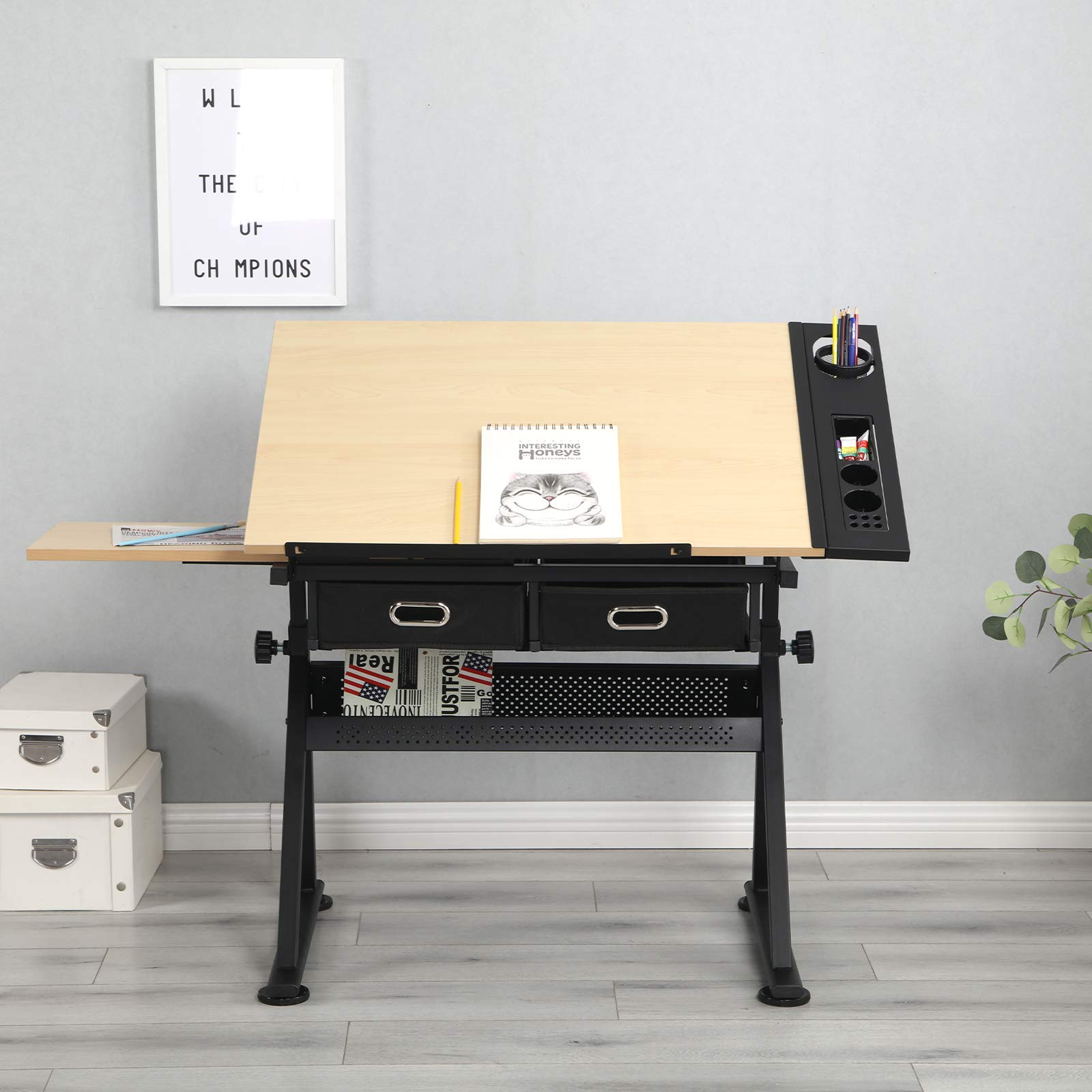 MIADOMODO® Tavolo da Disegno - Piano Inclinabile, Altezza Regolabile, con 2 Cassetti e Sgabello, Artistico, da Architetto - Scrivania da Disegno Tecnico