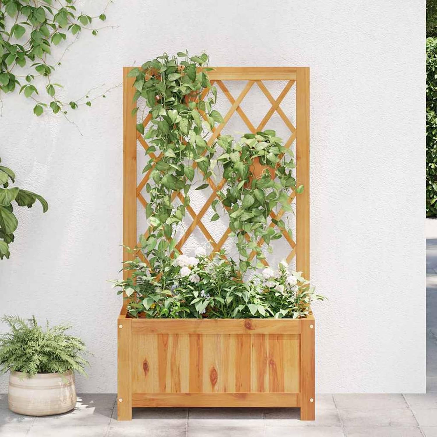 Tidyard Garden Raised Bed, Solid Acacia Wood Planter with Trellis for Climbing Plants, Medium Size 21.7 x 39.4 x 21.7 in for Outdoor Garden and Balcony