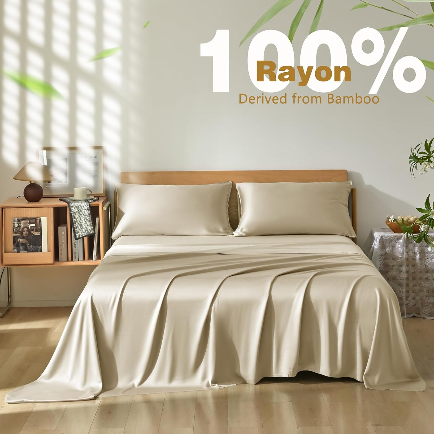 Homiest Queen Sheet Set 4pcs, 100% Rayon Derived from Bamboo Sheets, Cooling & Breathable Bedding for Hot Sleepers, Soft Luxury Sheets with 16" Deep Pocket, Hotel-Grade Silky Comfort (Beige) - Image 4