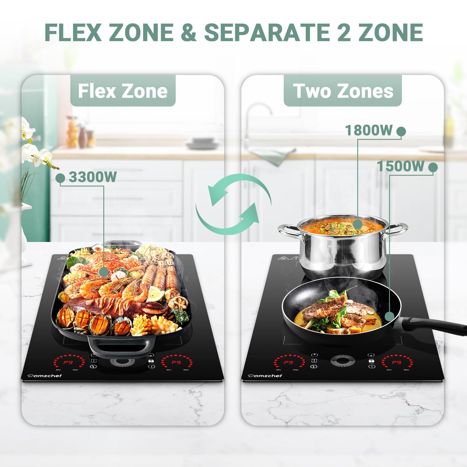 AMZCHEF Piastra a Induzione 2 Fuochi, Piano Cottura Induzione con Flex zone con 9 Livelli di Potenza, Riscaldamento Intermittente, Serrature di sicurezza e timer,Controllo Touch Slide,3300W,Nero