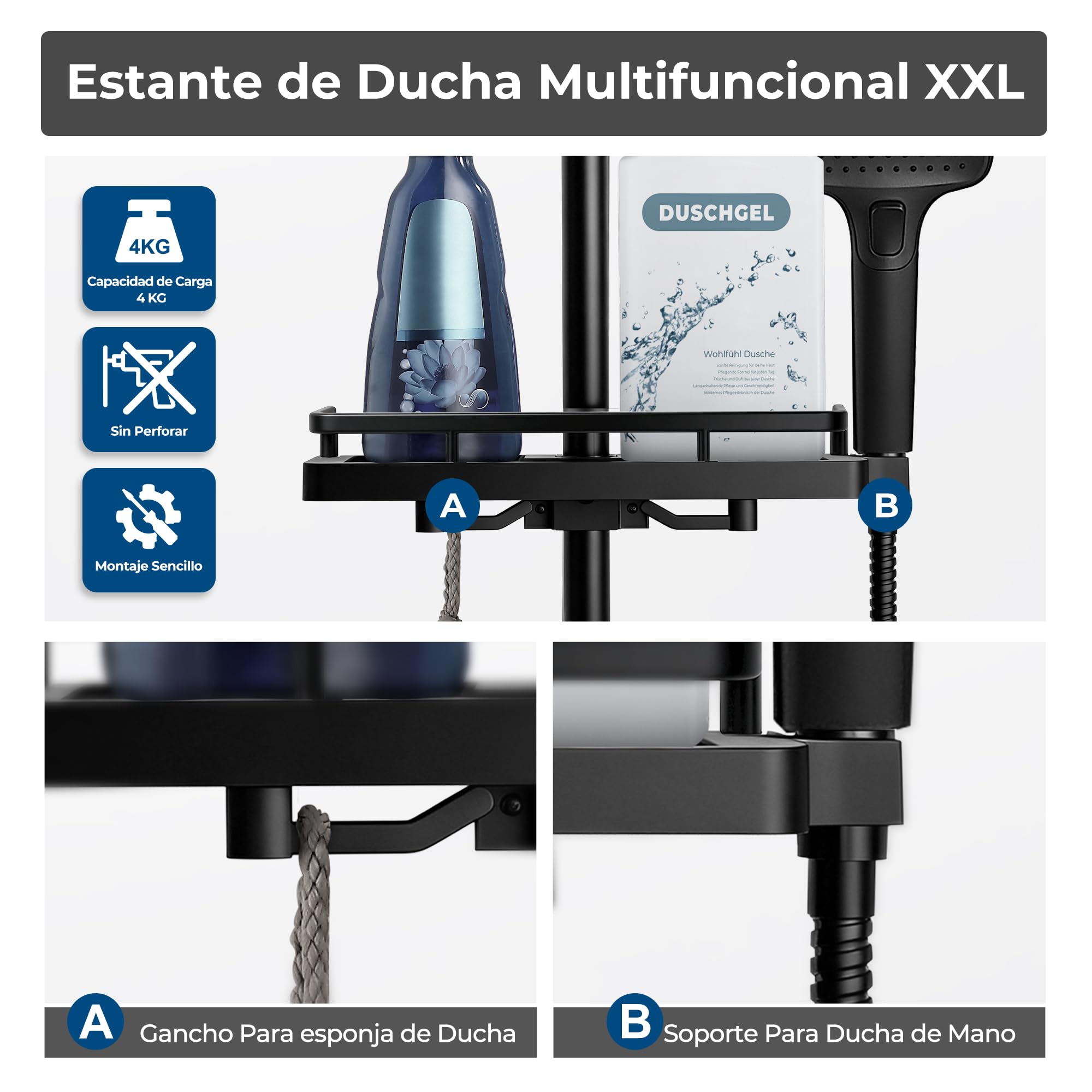 Görbach Barra de Ducha 100 cm de Acero Inoxidable, Columna Sin Grifo con Soporte de Alcachofa y Soportes de pared, Estante Ducha Ajustable en Altura, Negro