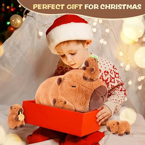 Miniatura 6 de Peluches Capybara 5 en 1 con bebés en el interior, juego de 5 piezas de peluche Capybara con mamá y 4 bebés, decoración de almohada suave, lindo