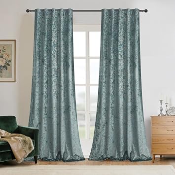 Light Green Velvet Curtains 96 inches Foil Print Floral Thermal Insulated Privacy Drapes Heavy Thick Room Dividers for Living Dining Room, W52 x L96, 2 Panels