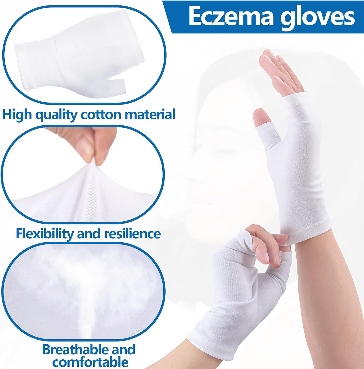 6 Pairs Fingerless Eczema Gloves Moisturizing Gloves for Adults Fingerless Cotton Gloves Washable and Reusable Eczema Sleeves Cotton Gloves Overnight Dry Hands for Adults Eczema (White)