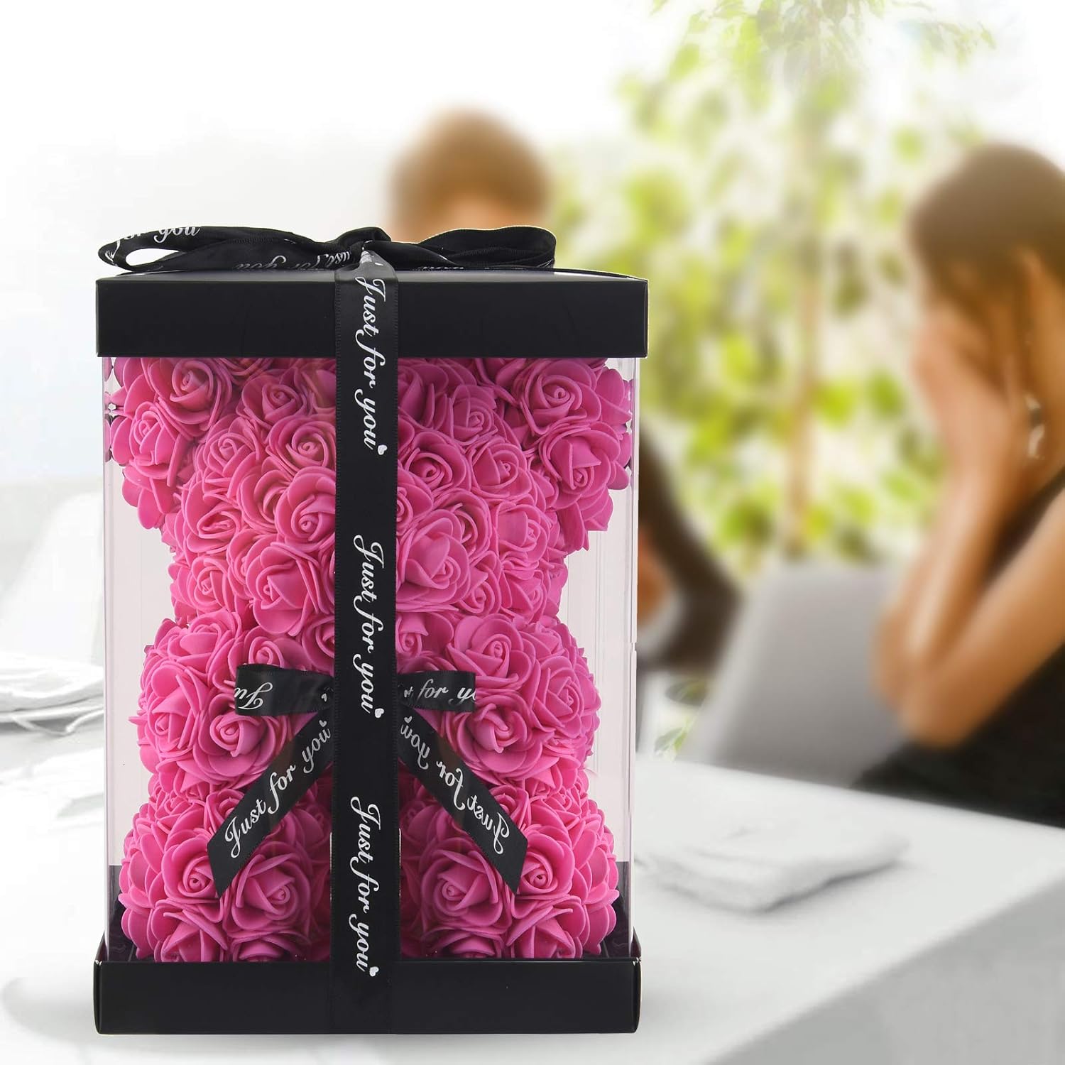 LINKLO Rose Bear Rose Teddy Bear -10 inch Artificial Rose Flower Bear, Including Transparent Gift Box (Rose red)