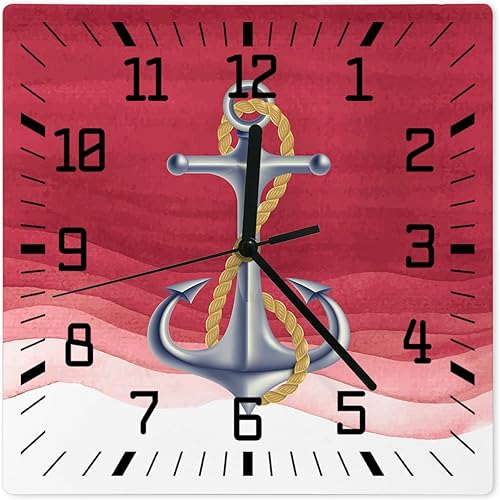 Anchor Red Wooden Wall Clock Silent Non Ticking, Nautical Coastal Ombre Ripple Ocean Theme Square Wall Clock Battery Operated, Decor Clock for Home