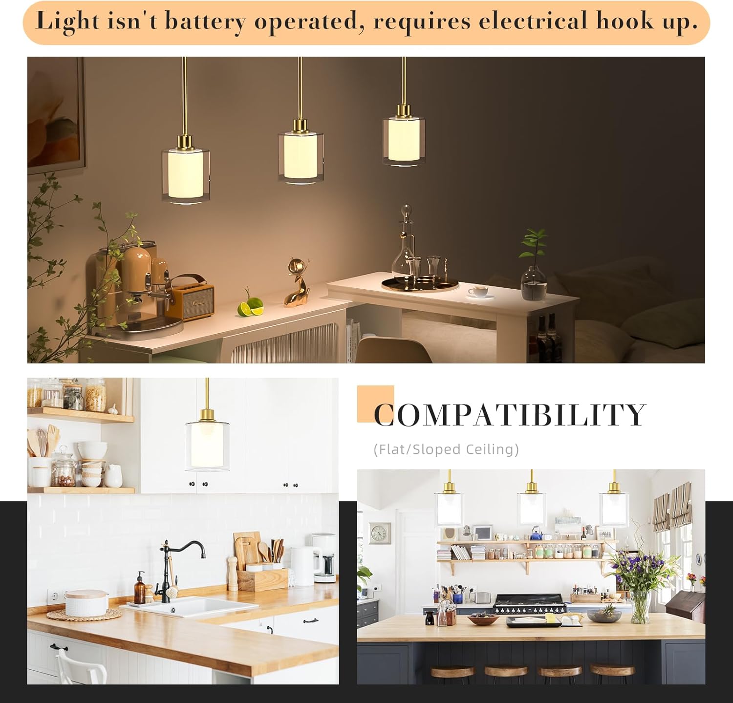 Pendant Light Kitchen Island Lighting 2 Pcs, with Bulb & Clear Glass Shade - 59 Inch Hanging Cord Farmhouse Hanging Lighting Fixture for Dining Room Bedroom Hallway - Black