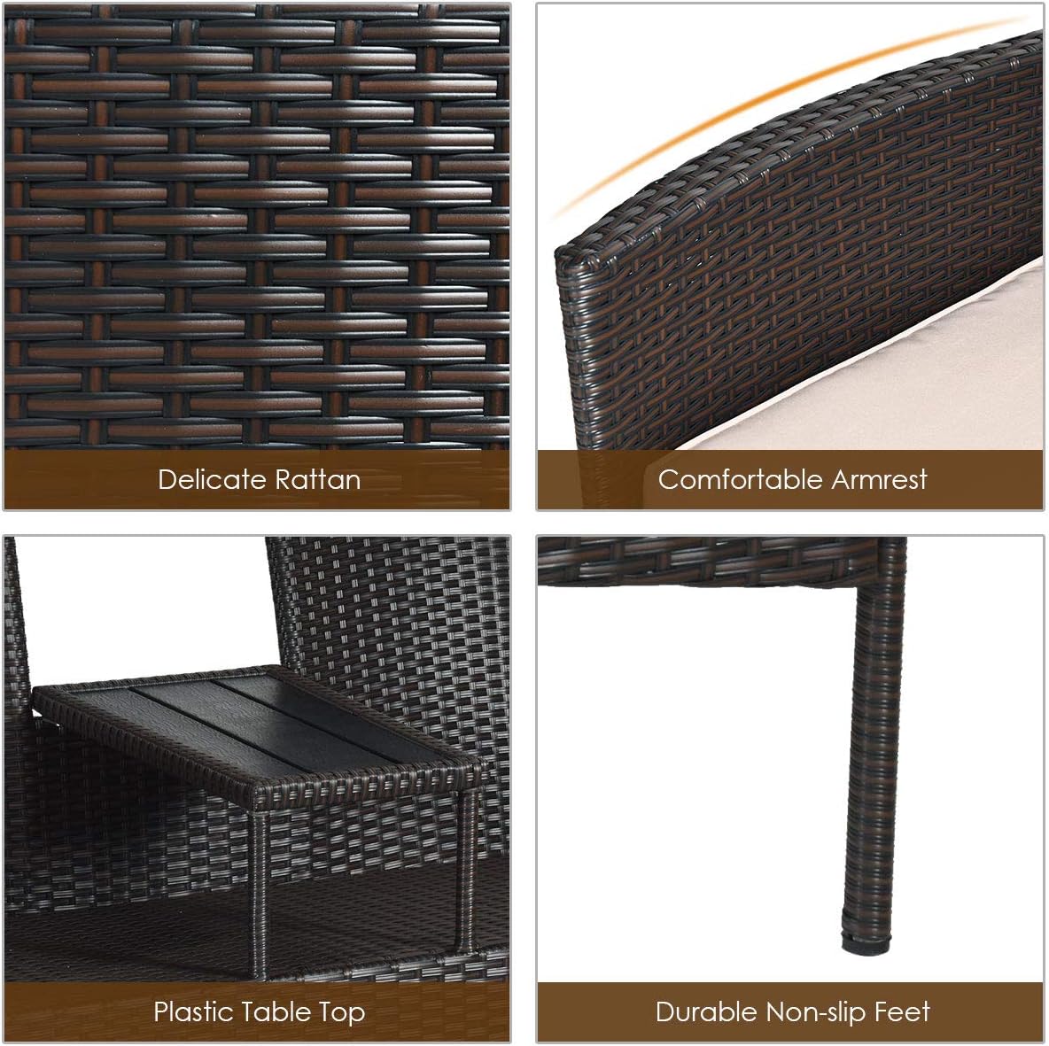 COSTWAY 2-Seat Patio Conversation Sets, Outdoor Patio Loveseat Set with Removable Cushions & Built-in Coffee Table for Backyard, Garden, Lawn, Balcony, Brown+Beige