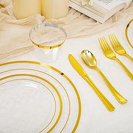 WELLIFE 600 PCS Clear Gold Disposable Dinnerware Set for 100 Guests, Clear and Gold Plastic Plates, Gold rimmed Plastic Dinner & Salad Plates,Cups,Silverware Set for Wedding