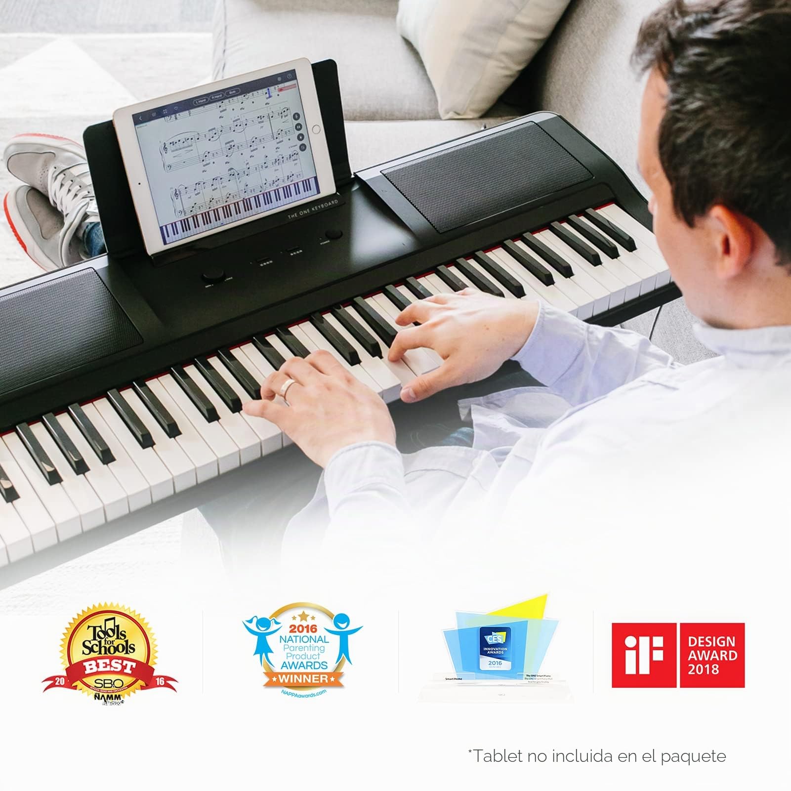 Teclado Eléctrico ONE de Piano de 61 Teclas con Teclas Iluminadas para Principiantes/Profesionales - Compatible con USB y Soporte de Música y Aplicación de Piano