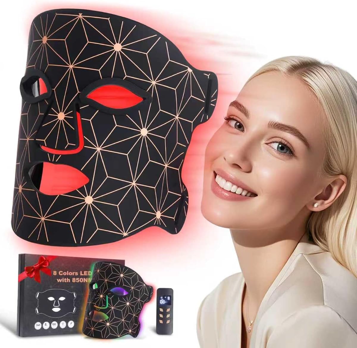 Máscara de terapia de luz roja de 8 colores para la cara, 850 nm NIR antienvejecimiento | Recargable de 3000 mAh, 240 LED de grado médico, potencia de 70 mW/cm², temporizador de 10 a 30 minutos, tecnología de luz suave, sin quemaduras