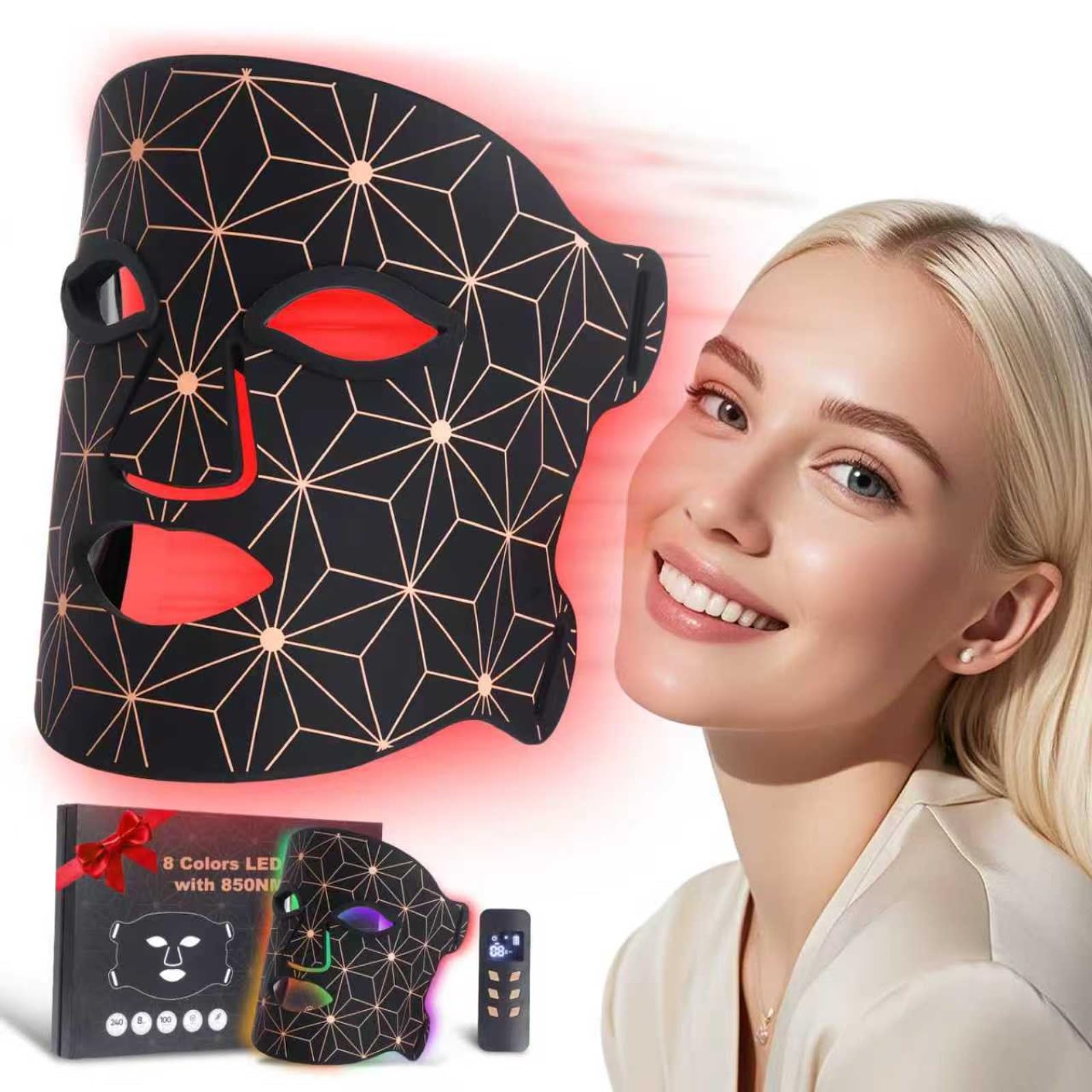 Red Light Therapy for Face 8 Colors LED Face Mask Light Therapy with 850NM Near-Infrared 3000 mAh Rechargeable