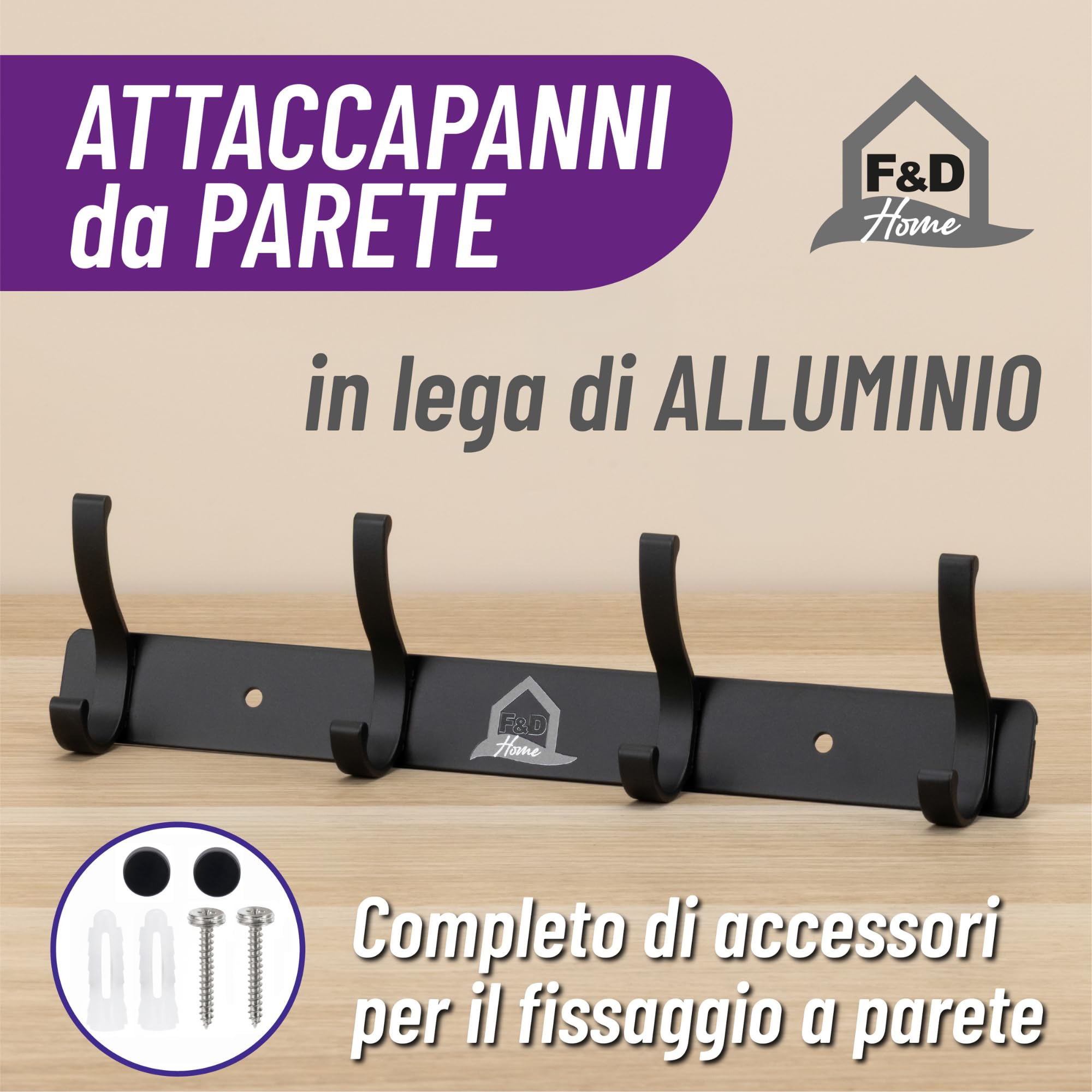 F&D Home - Appendiabiti da Parete con 4 Ganci e 2 Viti Facile da Montare – Attaccapanni da Muro Moderno in Lega di Alluminio – Porta Asciugamani Bagno, Appendigiacche Ingresso,Appendi Strofinacci