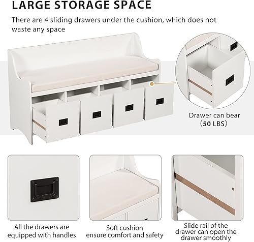 Miniatura 6 de Leimeotery Banco de zapatos con cojín extraíble, banco organizador de zapatos de madera multifuncional con 4 cajones de almacenamiento y respaldo