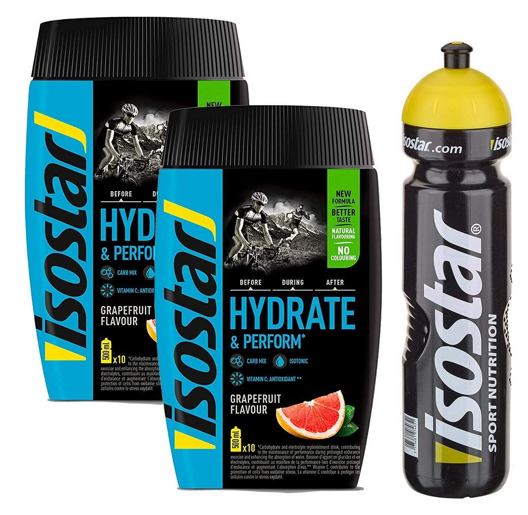 Isostar Hydrate & Perform – grejpfrut – 2 x 400 g proszku | opakowanie 2 szt. + oryginalna butelka na napoje 1000 ml