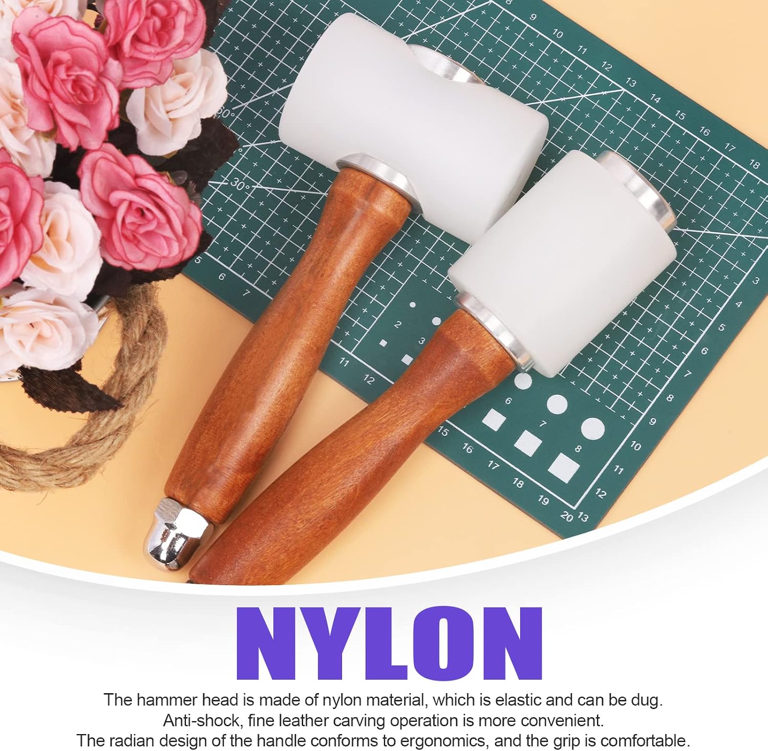 Swpeet 3Pcs Leather Carving Hammer Set, T-Head and Vertical Leathercraft Mallet With A5 Craft Cutting Board, Nylon Wood Leathercraft Wooden Mallet for DIY Stamping Sew Leather