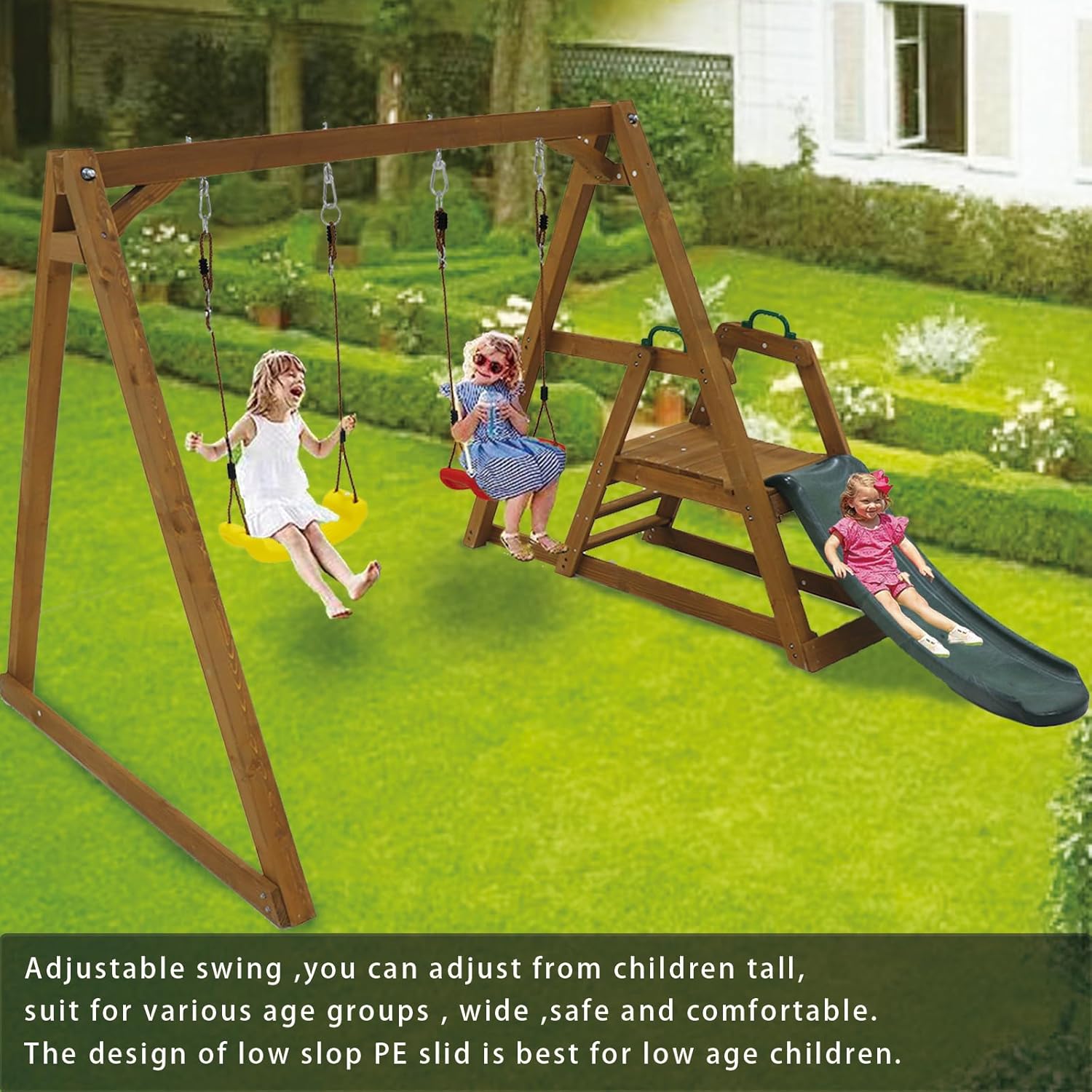 Kids Swing Set Outdoor and Slide - Sturdy Solid Wood Swing Frame with Climbing Ladder - Natural