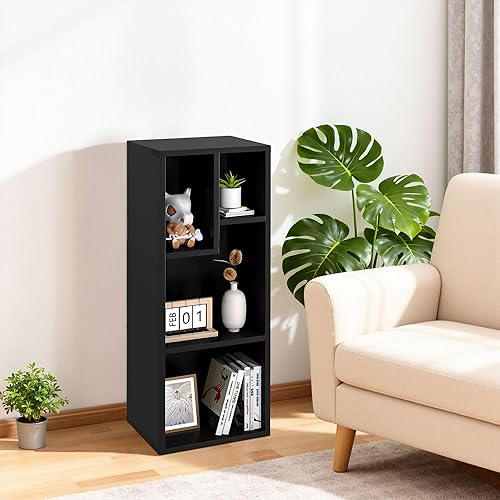 Miniatura 4 de VECELO Estantería pequeña de 3 niveles, estantería de 4 cubos con estantes de diferencia de altura para la mayoría de los libros, unidad moderna de