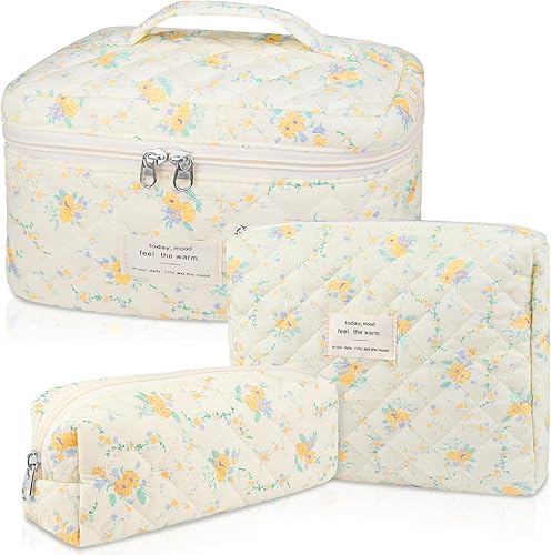 Miniatura 43 de Set de bolsas de maquillaje, bolsa de maquillaje acolchada, bolsa de cosméticos floral grande para mujeres, lindas bolsas de maquillaje de algodón,