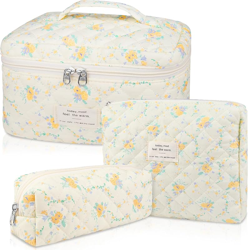 Necessaire de maquiagem Gosect em algodão matelassê com estampa floral Yellow Daylily, conjunto com 3 tamanhos