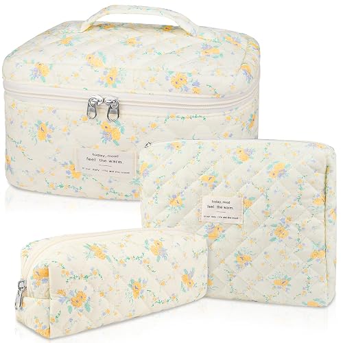 Gosect Quilted Makeup Bag Set, Large Floral Cosmetic Bag for Women, Cute Cotton Makeup Bag, Flower Travel Toiletry Organizer Bag (Yellow Daylily) - Yellow Daylily