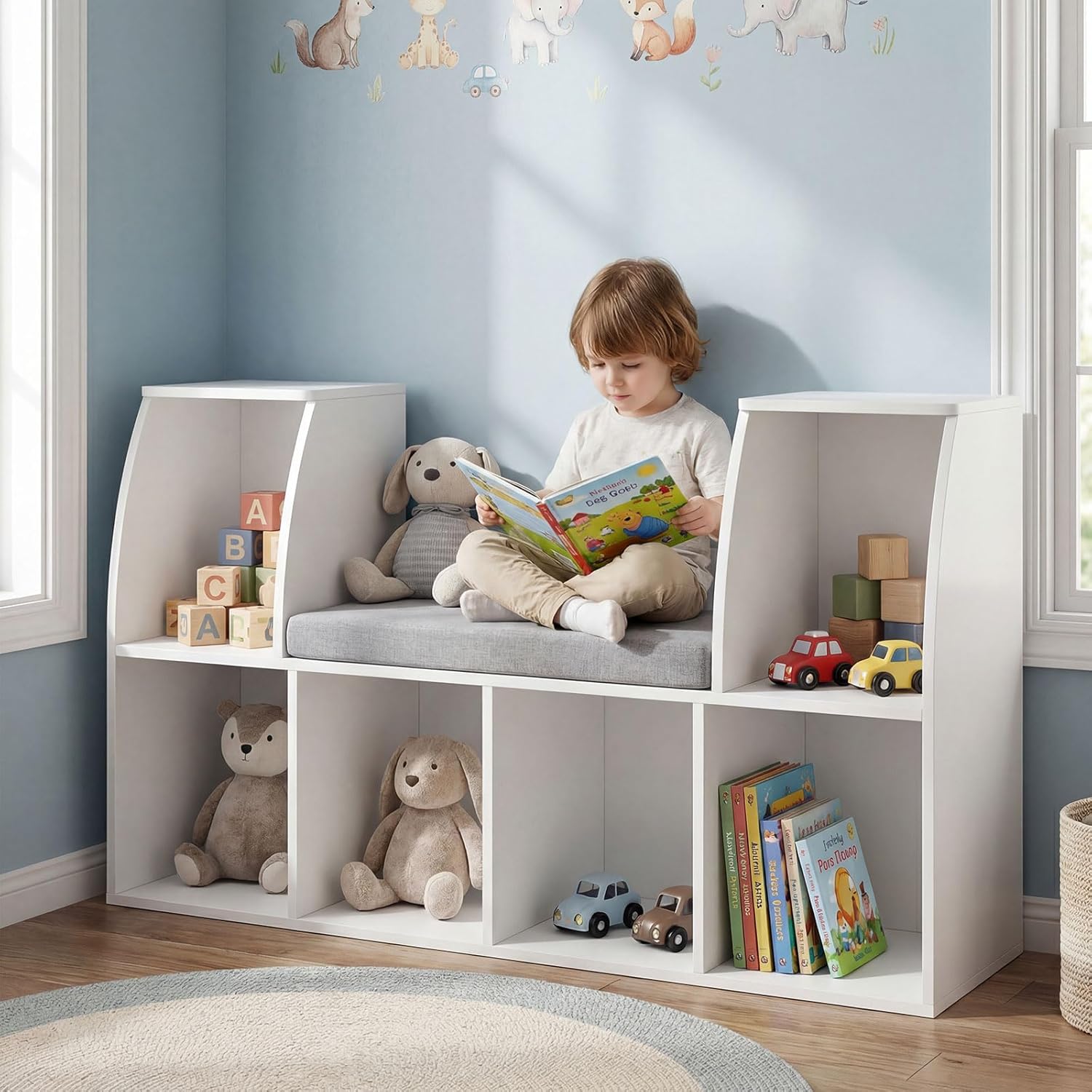 Costzon Kids Bookshelf with Reading Nook, 6 Cubby Bookcase with Soft Seat Cushion, Wooden Toy Storage Organizer with Bench, Book Shelf for Kids Room, Playroom, Nursery, Daycare