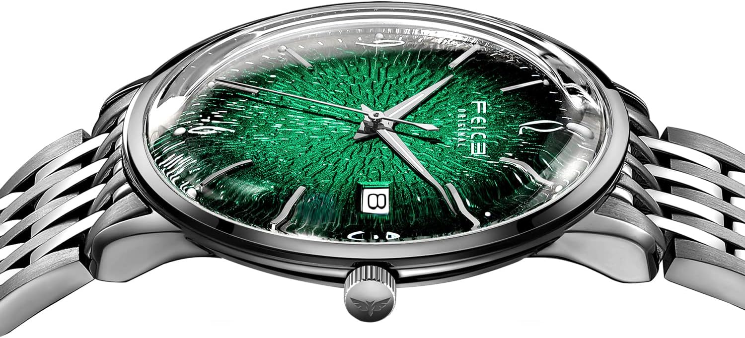 FEICE Mens Vintage Watches Luminous Automatic Silver Stainless Steel Watch Green Dial Mechanical Wristwatch Waterproof Business Dress Watch for Men FM221NEW