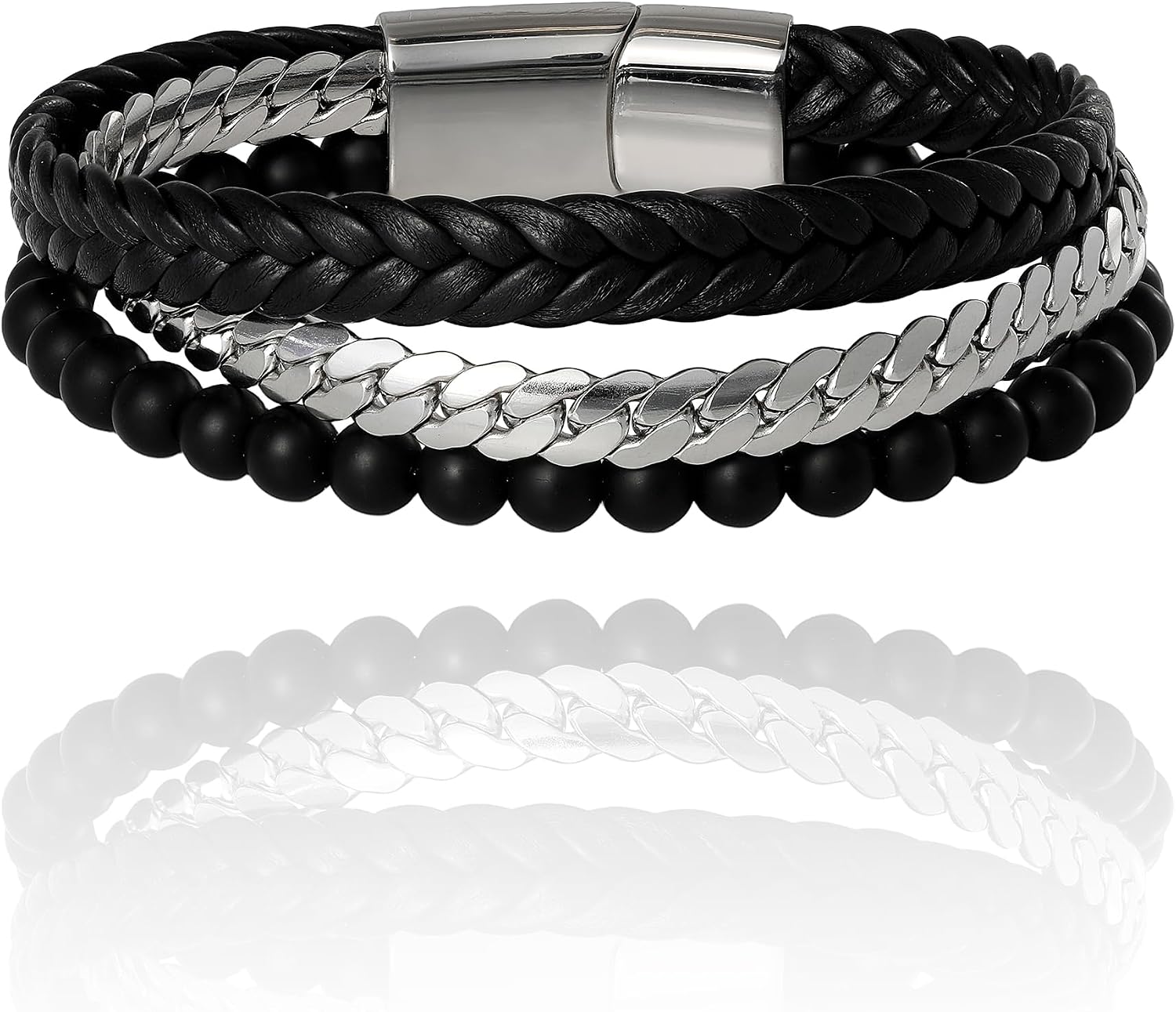 Lucky Brand Mens Stainless Steel Chain, Black Band, and Black Bead Bracelet (8.5")
