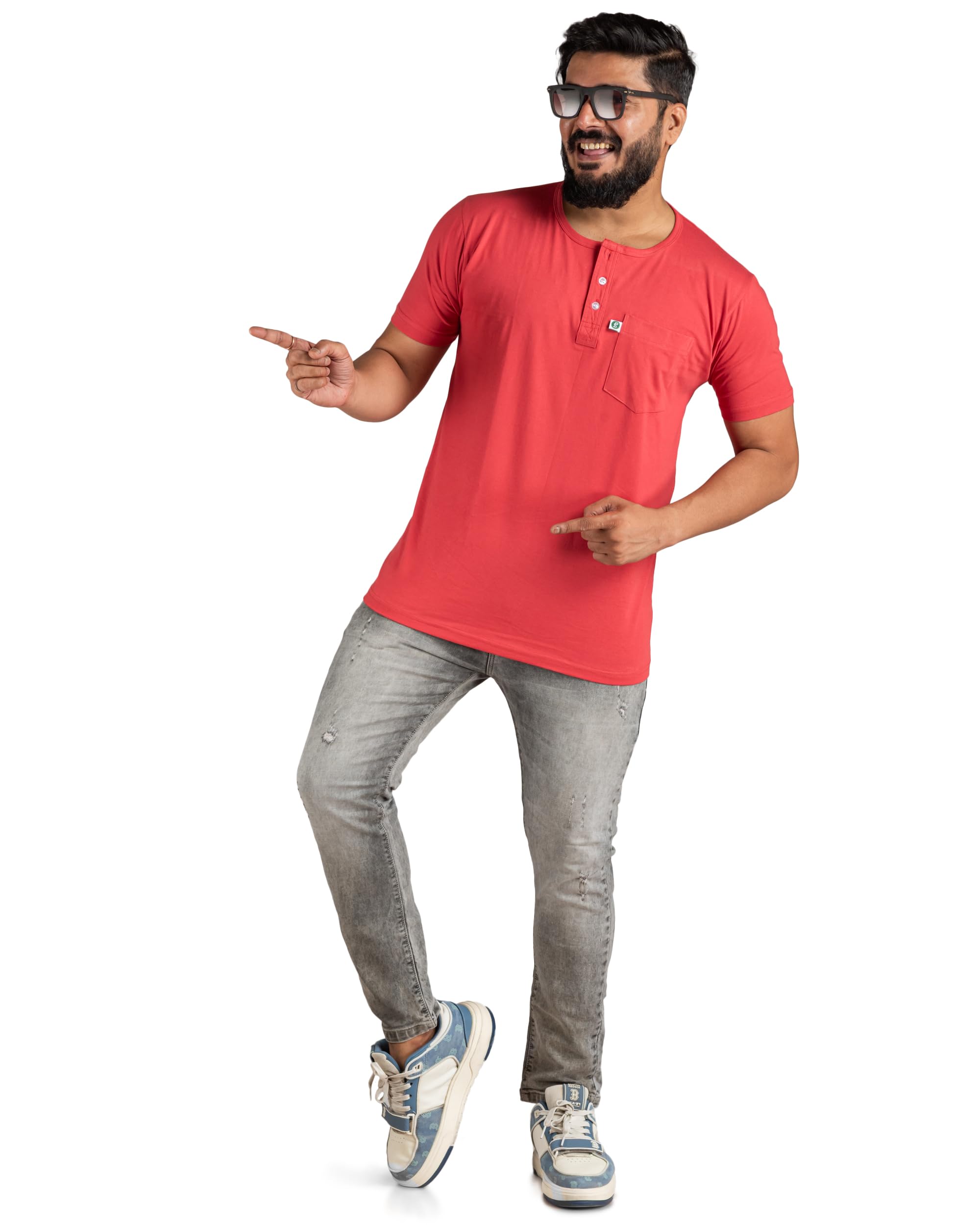 Mens Henley T-Shirt, 100% Combed Cotton Single Jersey, Bio Wash Soft Fabric, Breathable Regular Fit, Short Sleeve with Pocket and 3 Button Placket for Daily Casual Wear