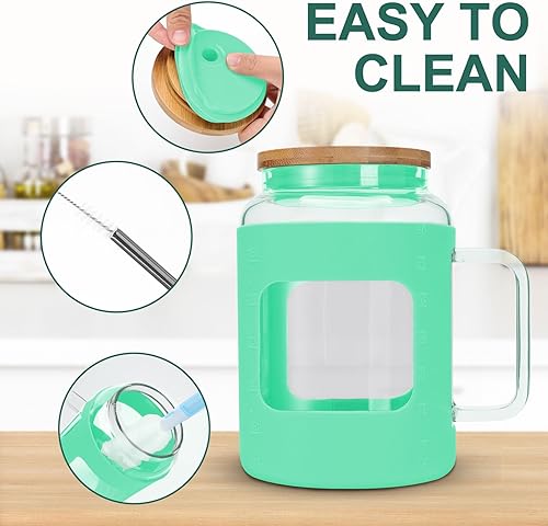 Miniatura 4 de Vaso de vidrio de 50 onzas con tapa y popote, botellas de agua de vidrio con asa y funda de silicona, taza de café helado con máquina de tiempo,