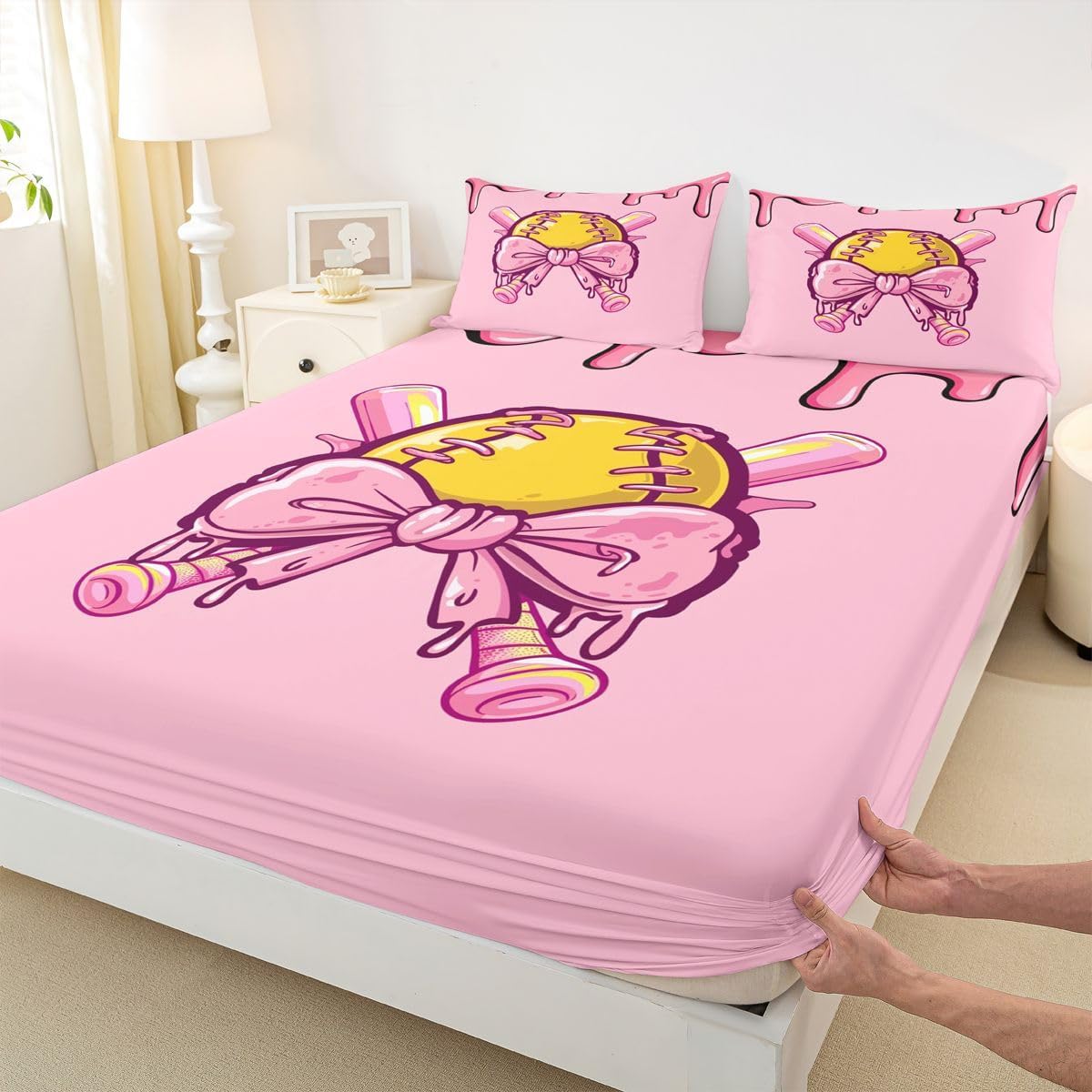 Softball Fitted Sheet Full Size,Softball Bat Sports Games Soft Fabric Deep Pocket Kids Mattress Cover,Pink Bowknot Ice Cream Bed Cover with 2 Pillowcases (No Flat Sheet)