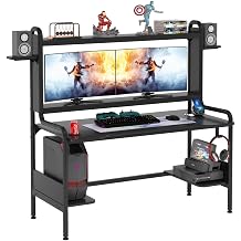 TIYASE Gaming Desk with Monitor Stand, Computer Desk with Hutch and Storage Shelves, Large PC Gamer Desk, Workstation Table with Cup Holder, Headphone Hook, Speak Stands, Black, 55 Inch