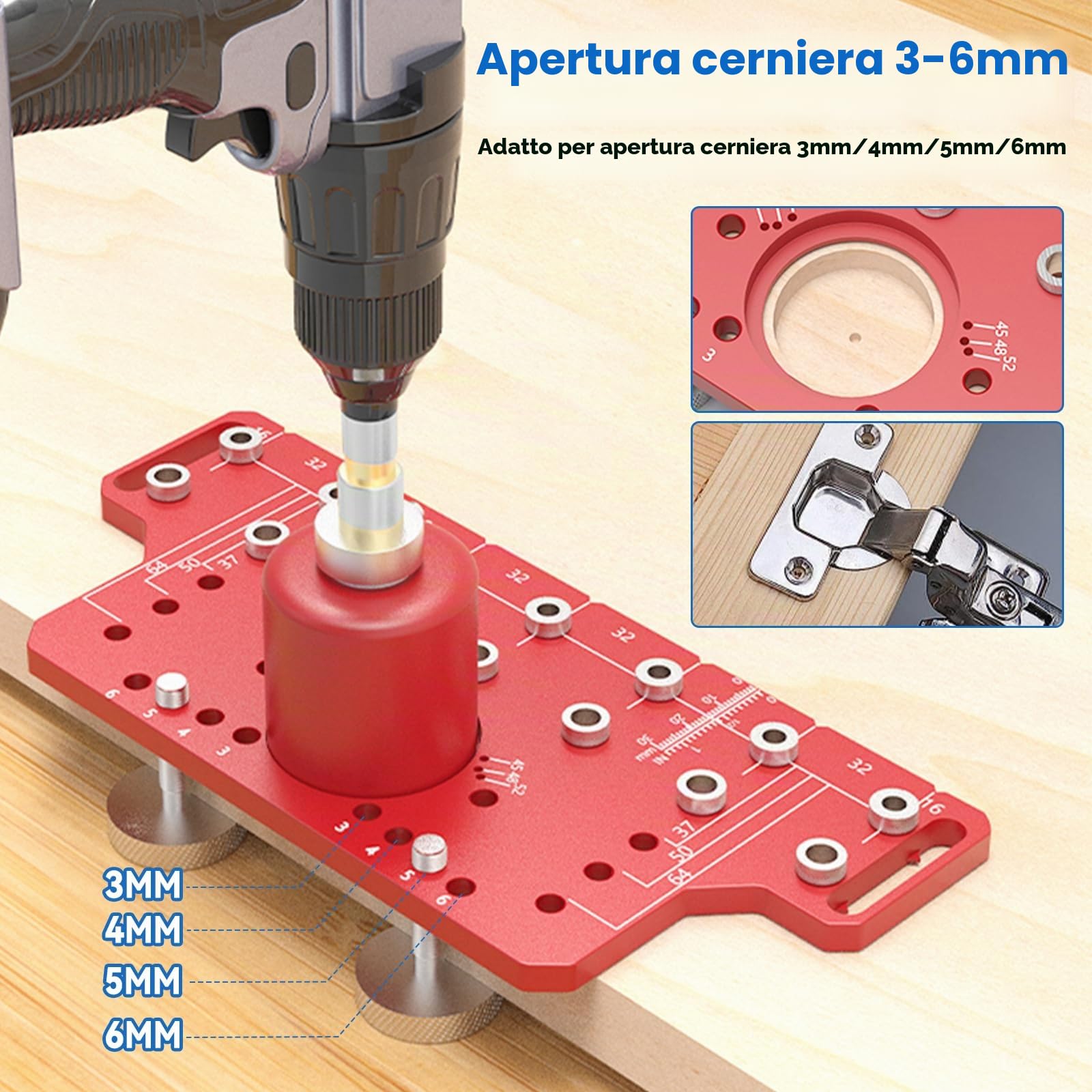 Jig per perni per mensola e cerniera da 35 mm due in uno, maschera per foratura con punte da 5 mm e 1/4", guida per trapano per fori di foratura