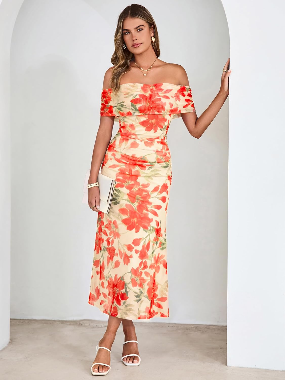 Simplee Womens Summer Floral Off Shoulder Maxi Dress 2026 Spring Ruched Bodycon Formal Wedding Guest Cocktail Dresses