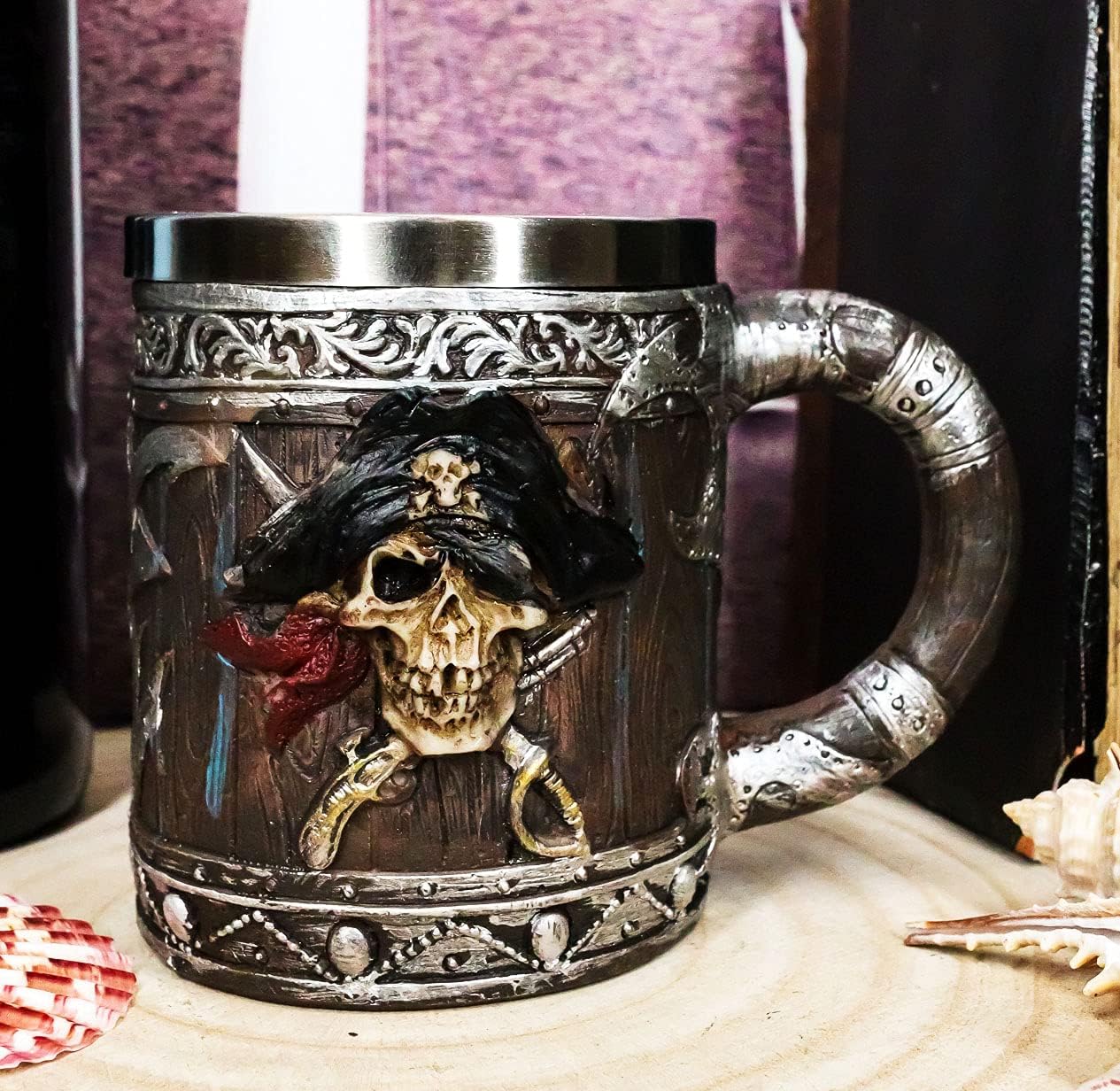 Ebros Gift Pirates of Caribbean Seas Bandana Skull With Cross Swords Tankard Coffee Beer Mug Cup Drunken Pirate's Life For Me Buccaneer Captain Hook Nautical Kitchen Dining Accessory