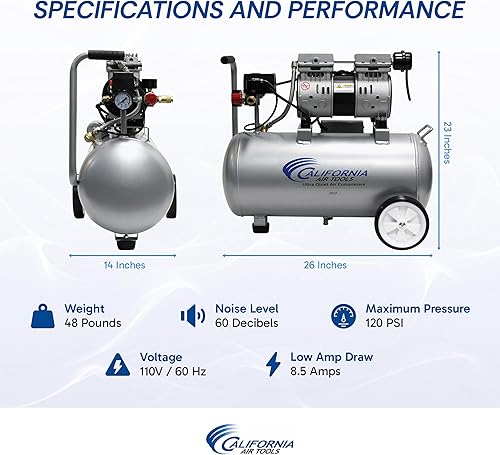 Vista 11 de California Air Tools 8010AD - Compresor de aire ultra silencioso y sin aceite, tanque de acero de 8 galones, ligero con ruedas, nivel de ruido de 60