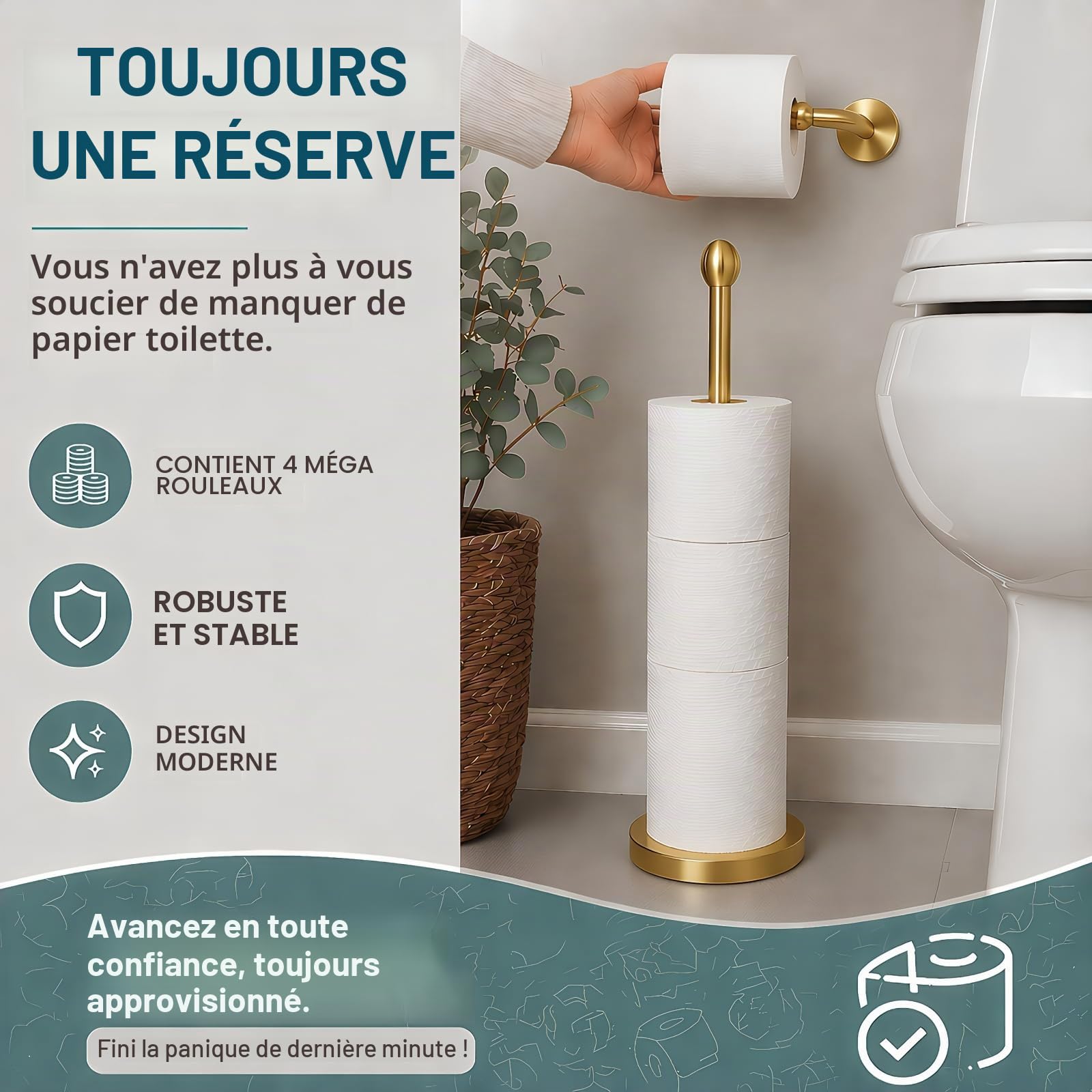 Songtec Support de Papier Toilette doré avec réserve, Support de Rouleau de Papier Toilette sur Pied pour 4 Rouleaux, Design Compact pour Salle de Bain – Doré