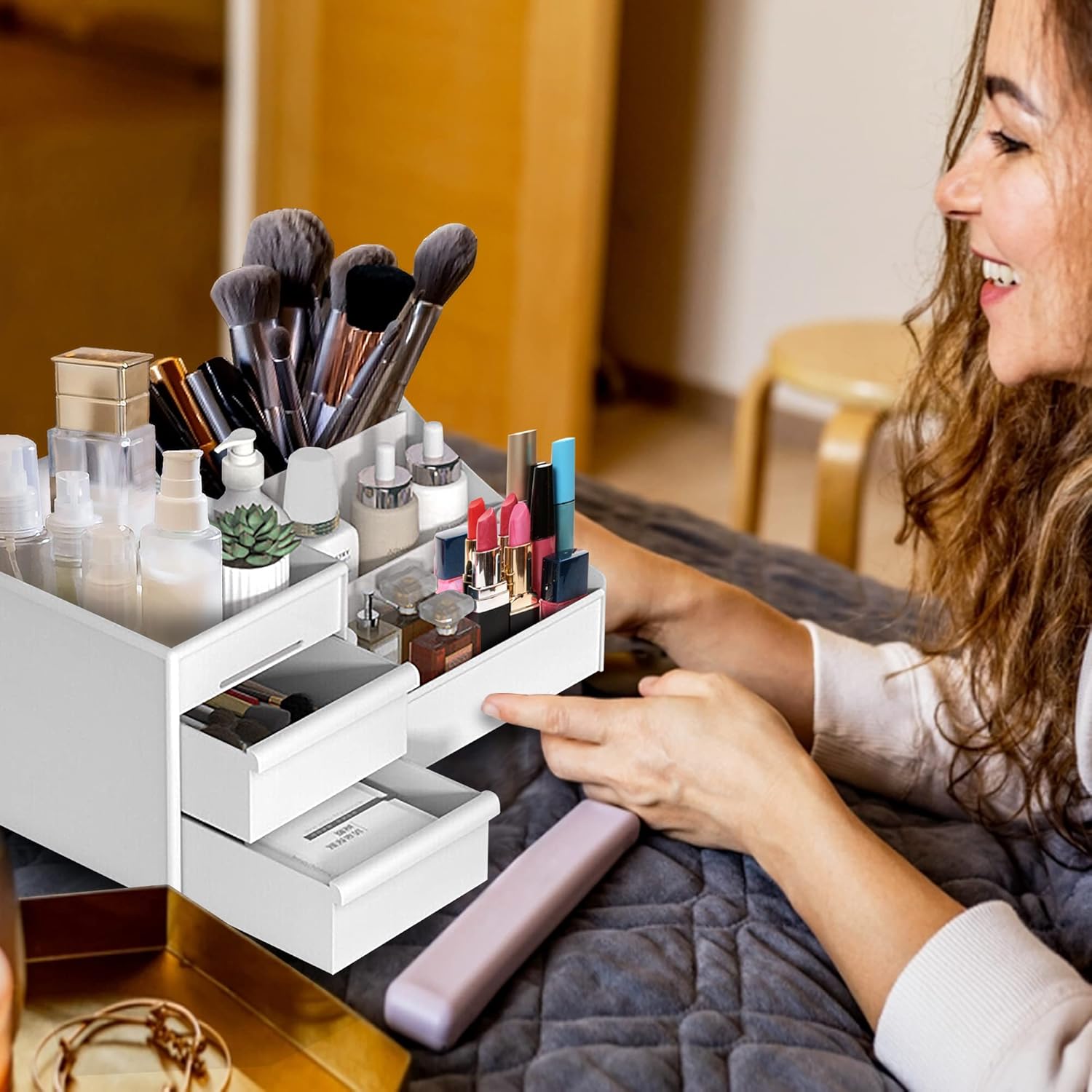 White Makeup Organizer With Drawers – Countertop Organizer for Cosmetics – Vanity Storage for Skincare, Lashes, Brushes, Nail Polish, Lotions, Lipstick, Makeup